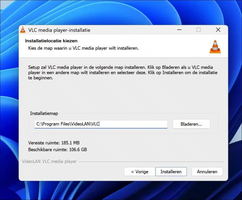 Installatielocatie voor vlc