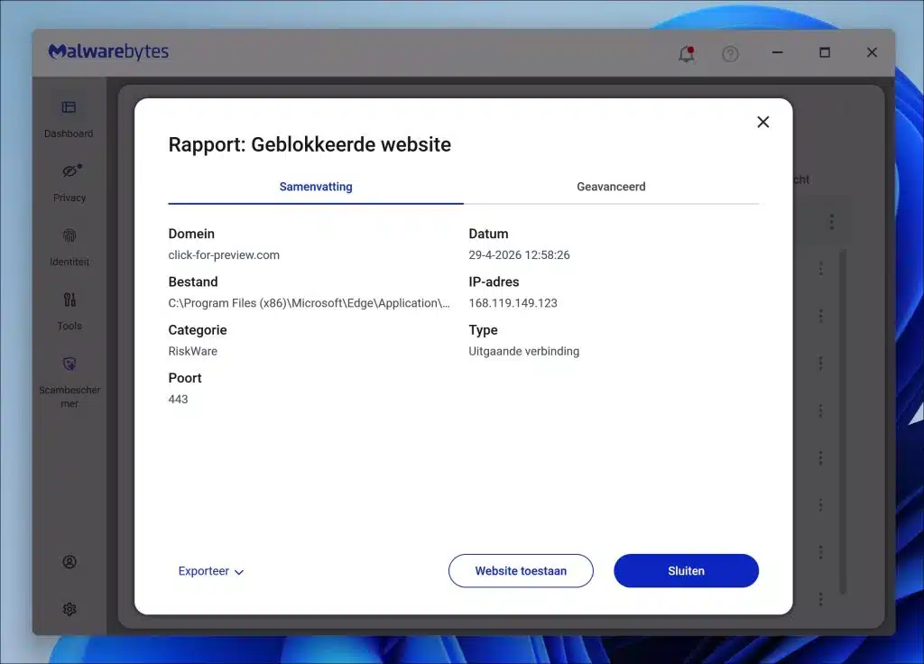 website geblokkeerd met malwarebytes