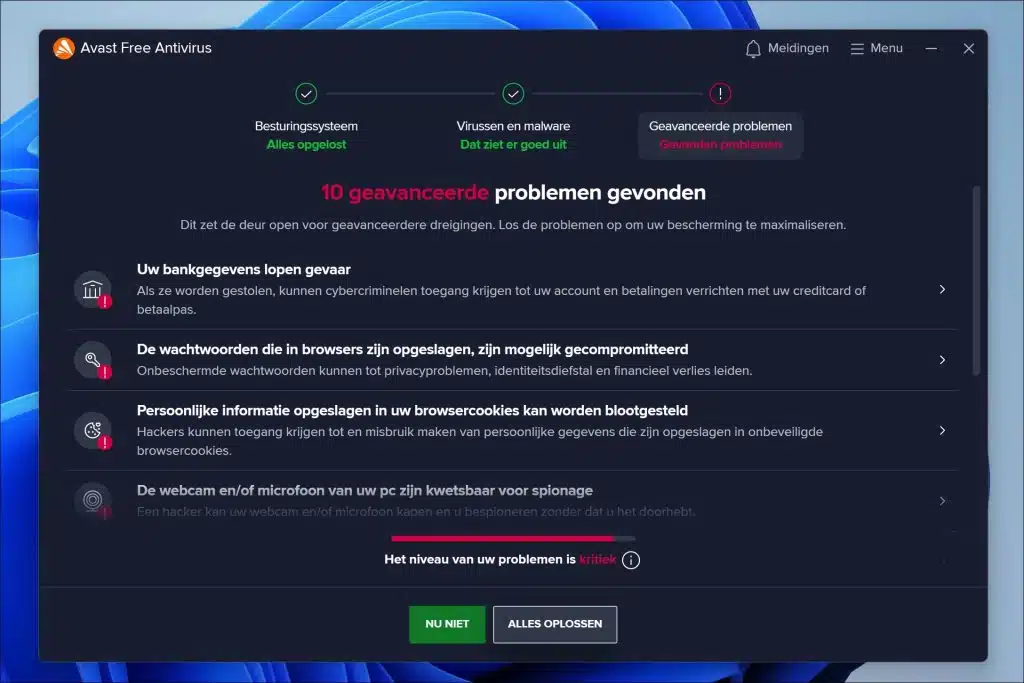 Geavanceerde problemen gevonden avast upsell
